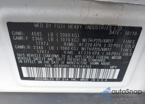 2011 Subaru Outback 2.5I Limited from USA, damaged, VIN 4S4BRBKC7B3364365